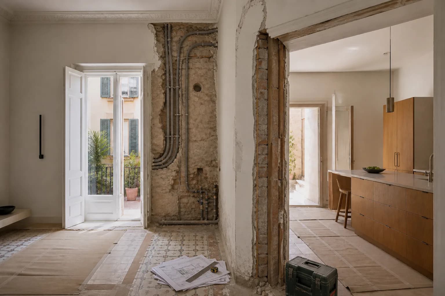 Vivienda durante una reforma con instalaciones visibles y zonas protegidas