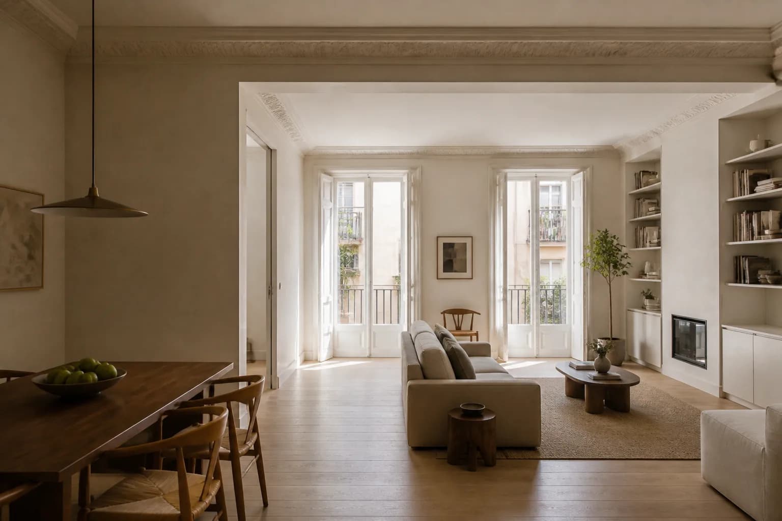 Salón y comedor reformados en una vivienda valenciana con molduras restauradas y luz natural